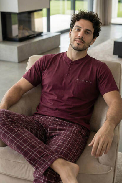 Deep Maroon Kısa Kollu Cep Detaylı Elegant Erkek Pijama Takımı - 2