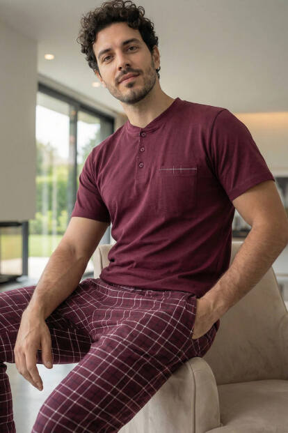Deep Maroon Kısa Kollu Cep Detaylı Elegant Erkek Pijama Takımı - 3
