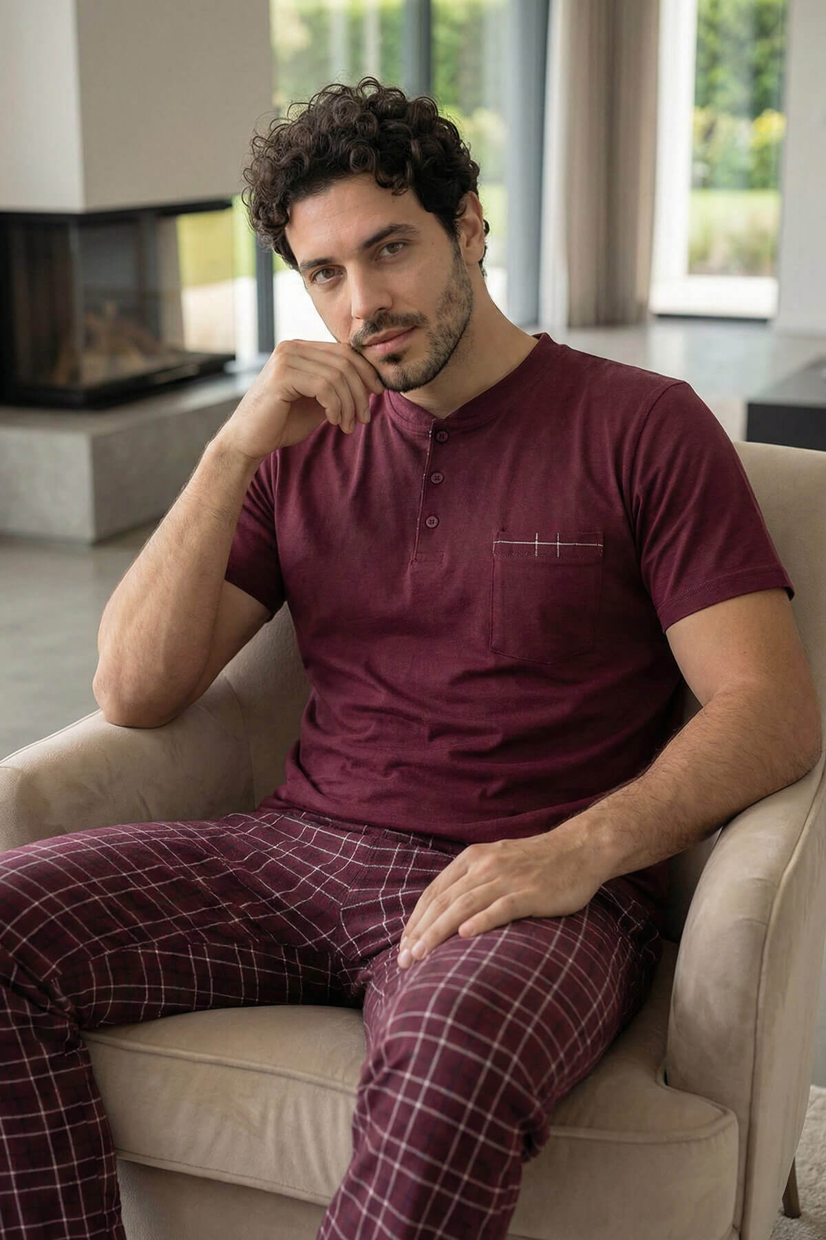 Deep Maroon Kısa Kollu Cep Detaylı Elegant Erkek Pijama Takımı - Pijamaevi (3)