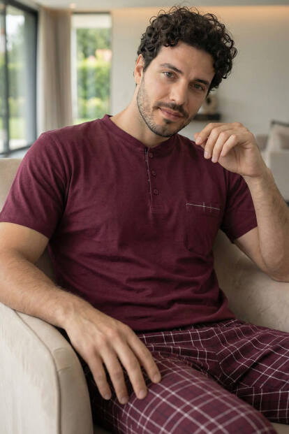 Deep Maroon Kısa Kollu Cep Detaylı Elegant Erkek Pijama Takımı - 5