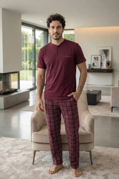 Deep Maroon Kısa Kollu Cep Detaylı Elegant Erkek Pijama Takımı - 7