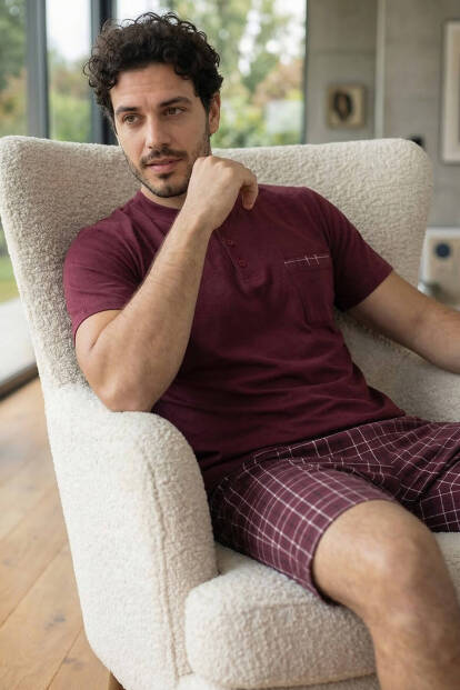 Deep Maroon Şortlu Pat Detaylı Elegant Erkek Pijama Takımı 