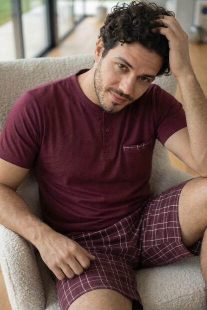 Deep Maroon Şortlu Pat Detaylı Elegant Erkek Pijama Takımı - 2