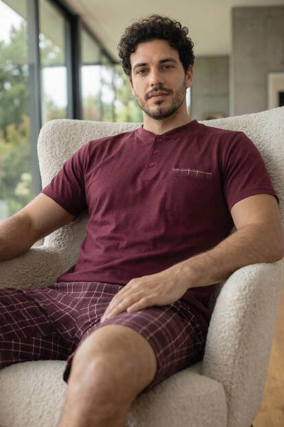 Deep Maroon Şortlu Pat Detaylı Elegant Erkek Pijama Takımı - 3