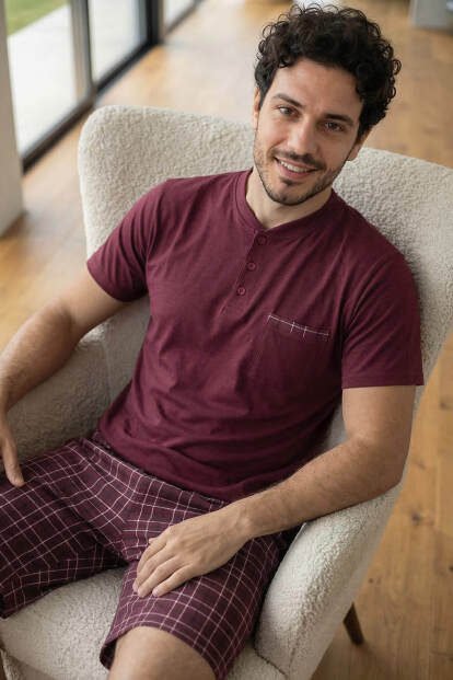 Deep Maroon Şortlu Pat Detaylı Elegant Erkek Pijama Takımı - 4