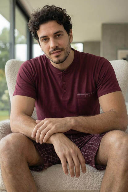 Deep Maroon Şortlu Pat Detaylı Elegant Erkek Pijama Takımı - 5