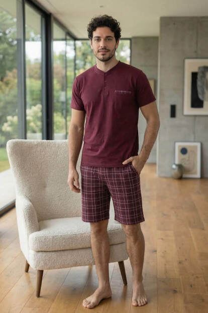 Deep Maroon Şortlu Pat Detaylı Elegant Erkek Pijama Takımı - 6