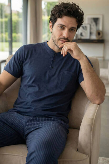 Deep Navy Kısa Kollu Cep Detaylı Elegant Erkek Pijama Takımı 