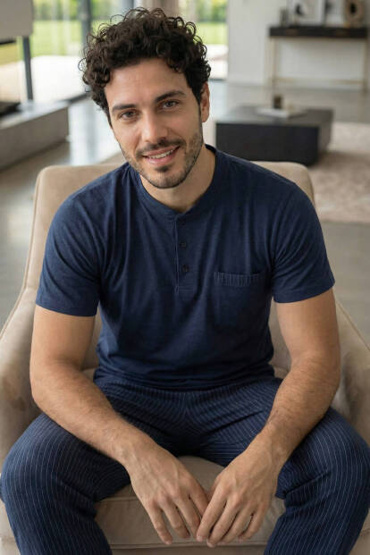 Deep Navy Kısa Kollu Cep Detaylı Elegant Erkek Pijama Takımı - 2