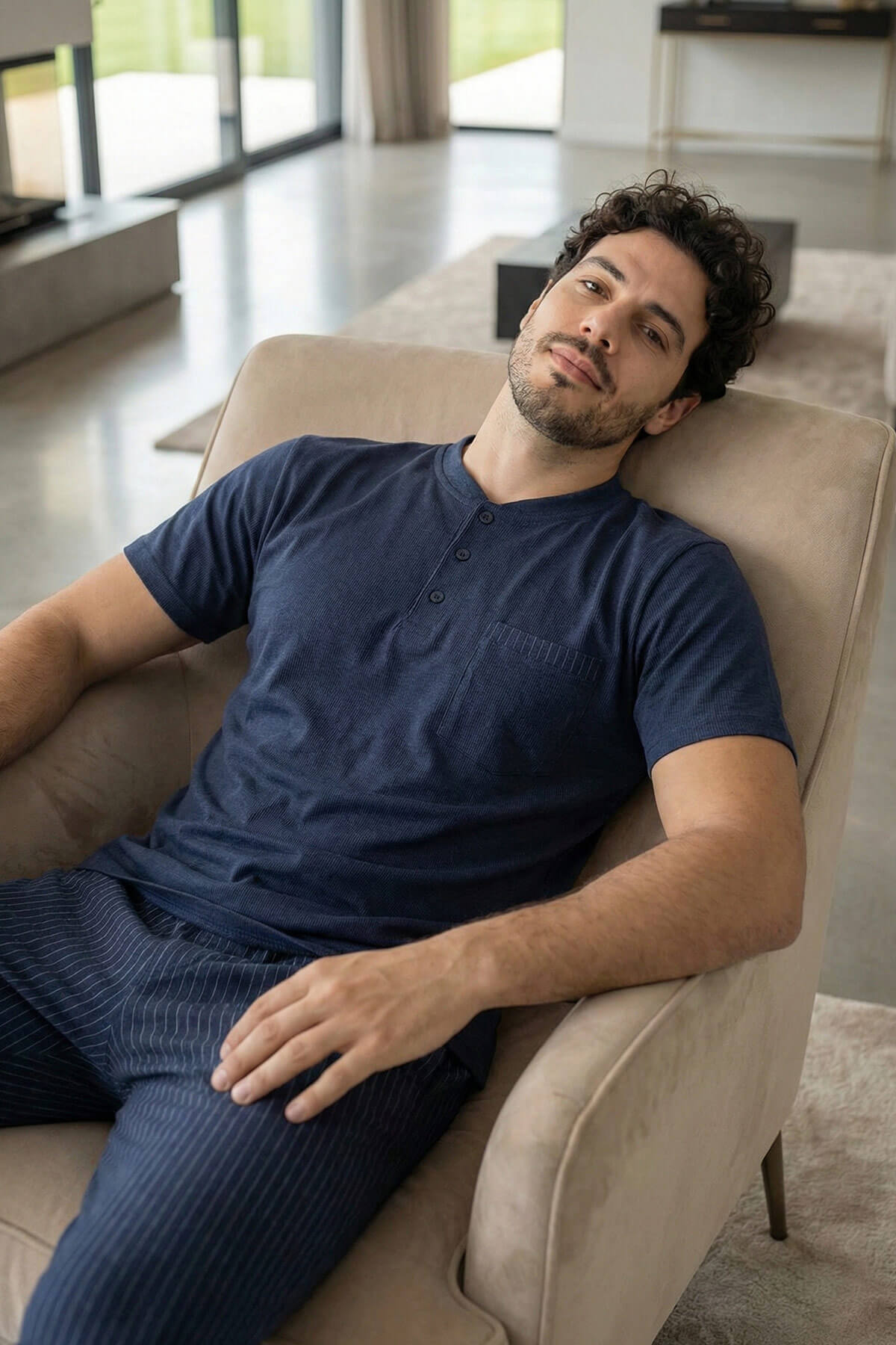 Deep Navy Kısa Kollu Cep Detaylı Elegant Erkek Pijama Takımı - Pijamaevi (2)