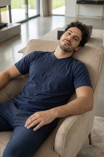 Deep Navy Kısa Kollu Cep Detaylı Elegant Erkek Pijama Takımı - 3