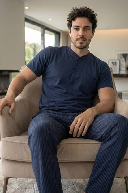 Deep Navy Kısa Kollu Cep Detaylı Elegant Erkek Pijama Takımı - 4