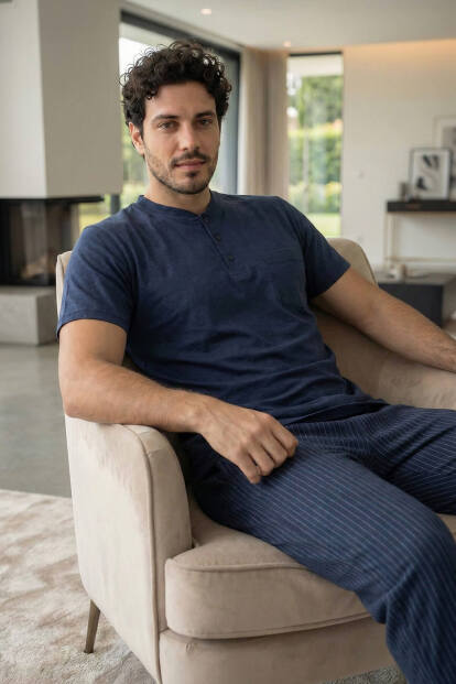 Deep Navy Kısa Kollu Cep Detaylı Elegant Erkek Pijama Takımı - 5