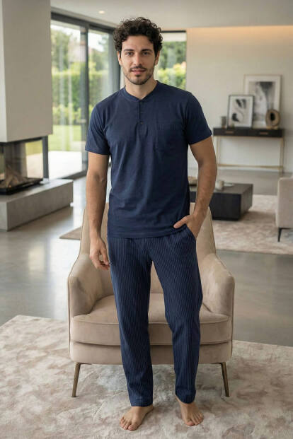 Deep Navy Kısa Kollu Cep Detaylı Elegant Erkek Pijama Takımı - 7