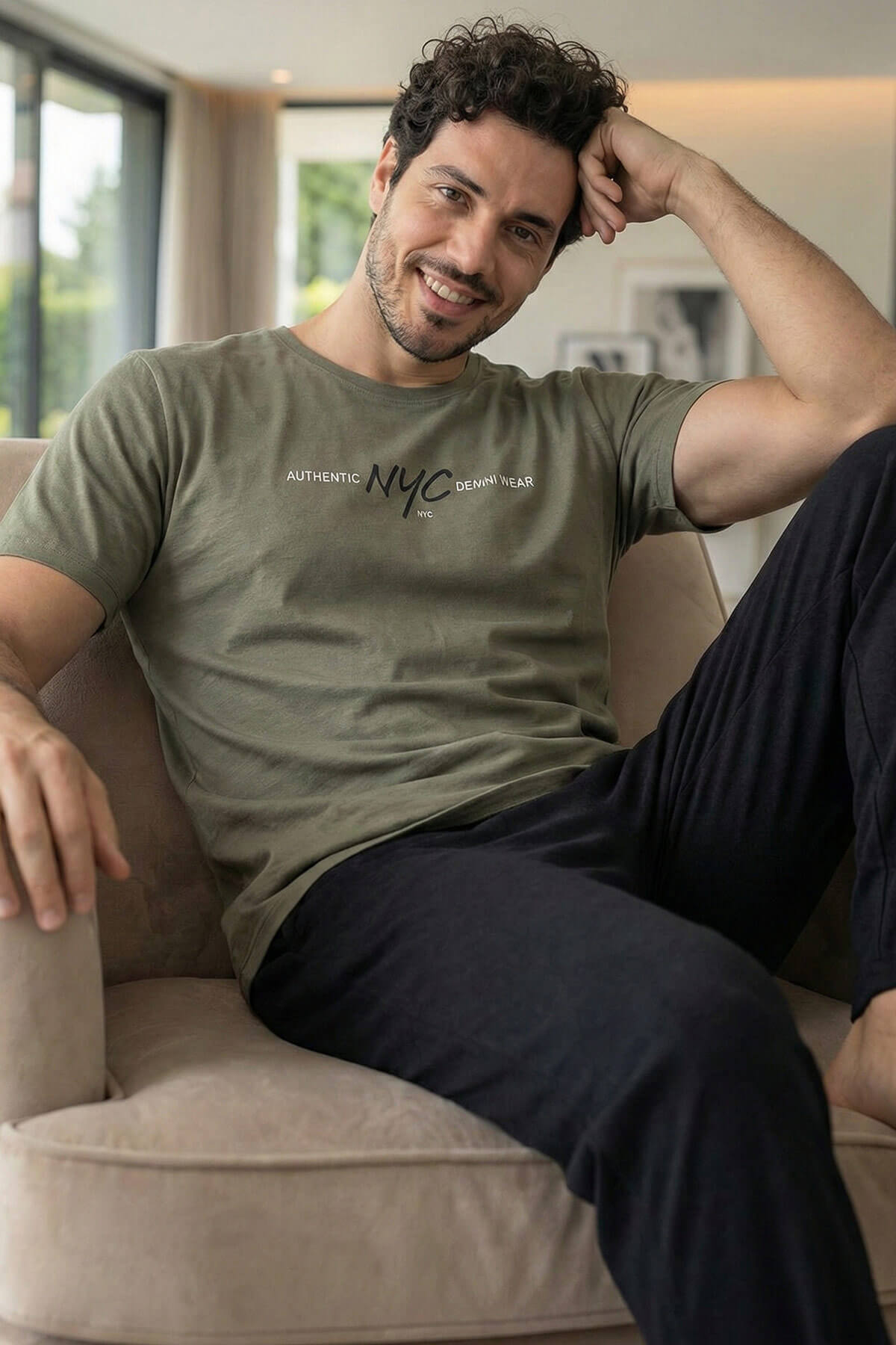 Deep Olive Unity Baskılı Kısa Kollu Cotton Erkek Pijama Takımı - Pijamaevi