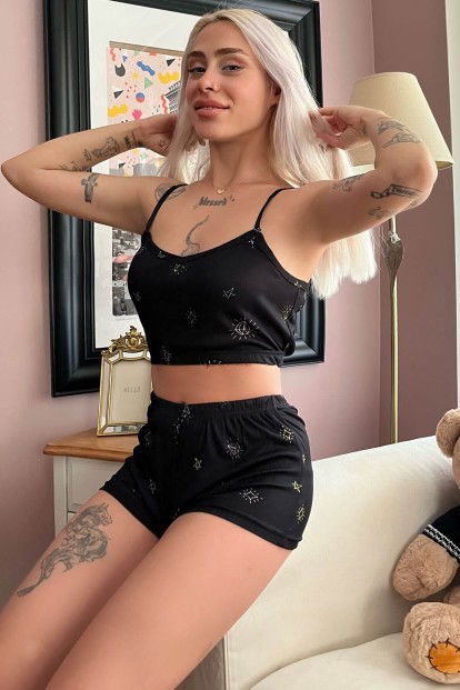 Diamond Desenli Şortlu Crop Bustiyer Pijama Takım - 1
