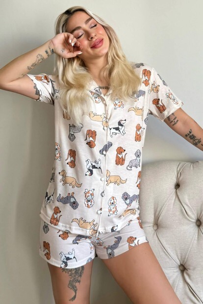Kanop Önden Düğmeli Şortlu Kısa Kollu Kadın Pijama Takımı - 6