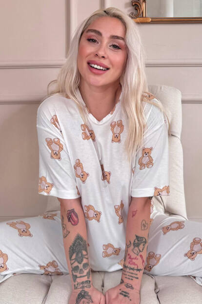 Doux Bear Desenli Bambu Kısa Kol Kadın Pijama Takımı - 7
