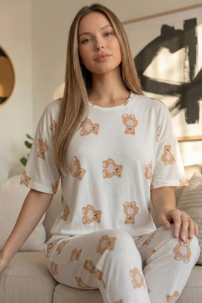 Doux Bear Desenli Bambu Kısa Kol Kadın Pijama Takımı - 2