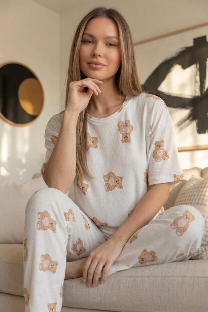 Doux Bear Desenli Bambu Kısa Kol Kadın Pijama Takımı - 4