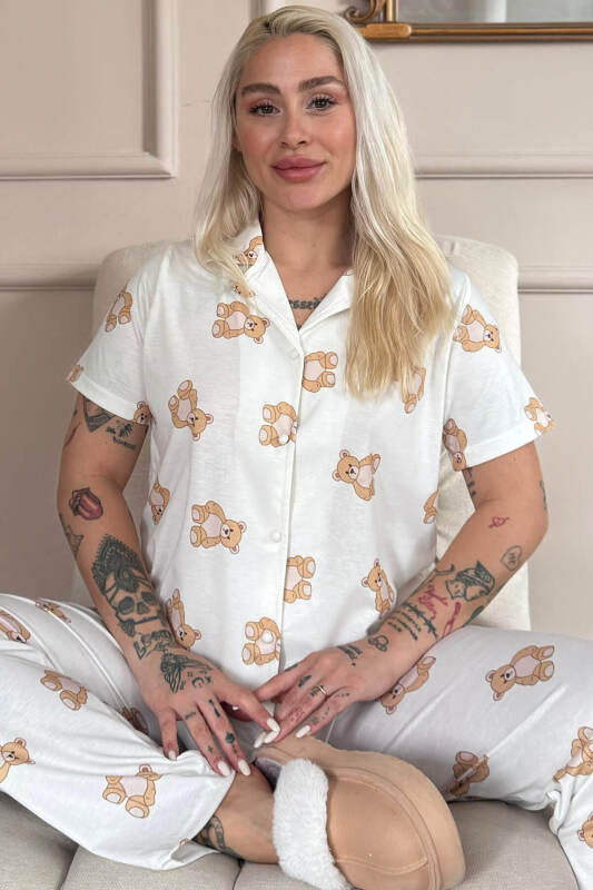 Doux Bear Desenli Bambu Önden Düğmeli Kısa Kol Pijama Takımı - Pijamaevi