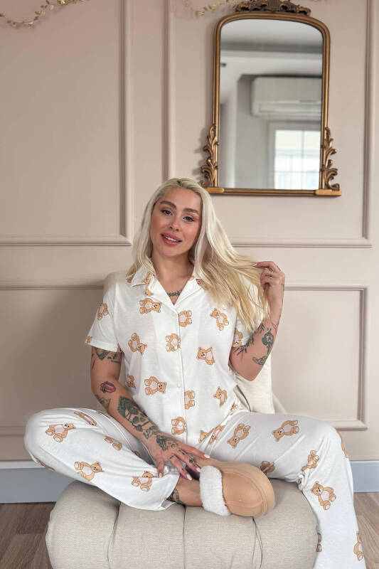 Doux Bear Desenli Bambu Önden Düğmeli Kısa Kol Pijama Takımı - Pijamaevi (1)