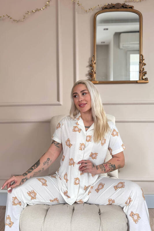 Doux Bear Desenli Bambu Önden Düğmeli Kısa Kol Pijama Takımı - Pijamaevi (2)