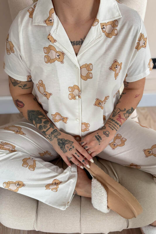Doux Bear Desenli Bambu Önden Düğmeli Kısa Kol Pijama Takımı - Pijamaevi (3)