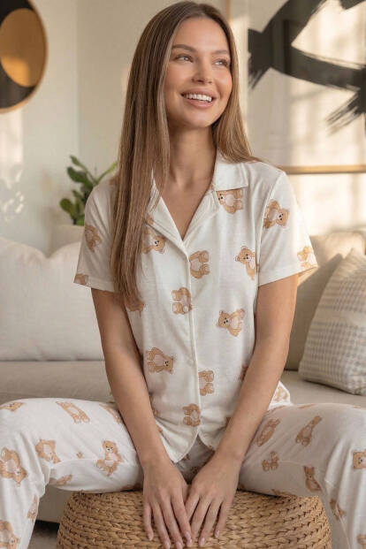 Doux Bear Desenli Bambu Önden Düğmeli Kısa Kol Pijama Takımı - 1