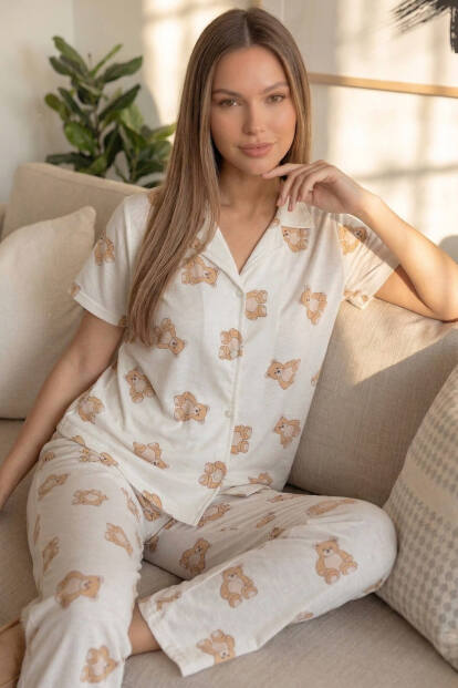 Doux Bear Desenli Bambu Önden Düğmeli Kısa Kol Pijama Takımı - 2
