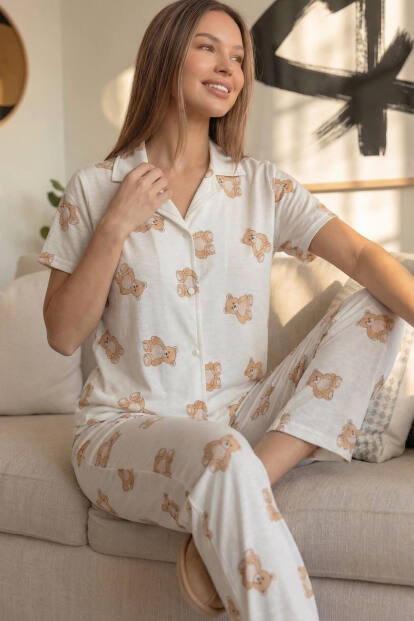 Doux Bear Desenli Bambu Önden Düğmeli Kısa Kol Pijama Takımı - 3