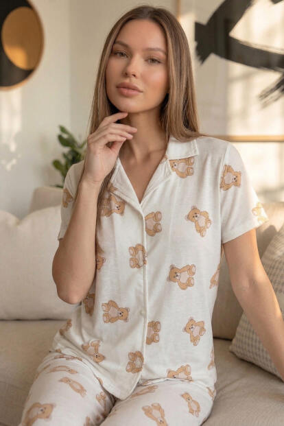 Doux Bear Desenli Bambu Önden Düğmeli Kısa Kol Pijama Takımı - 4