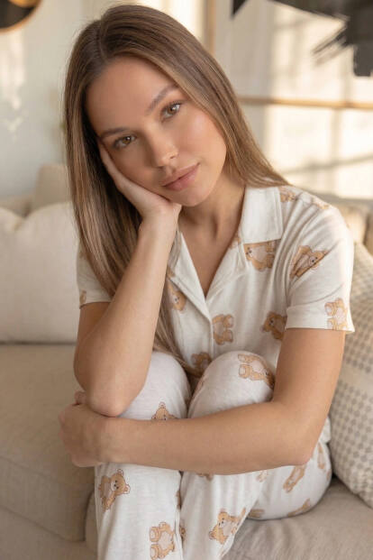 Doux Bear Desenli Bambu Önden Düğmeli Kısa Kol Pijama Takımı - 5
