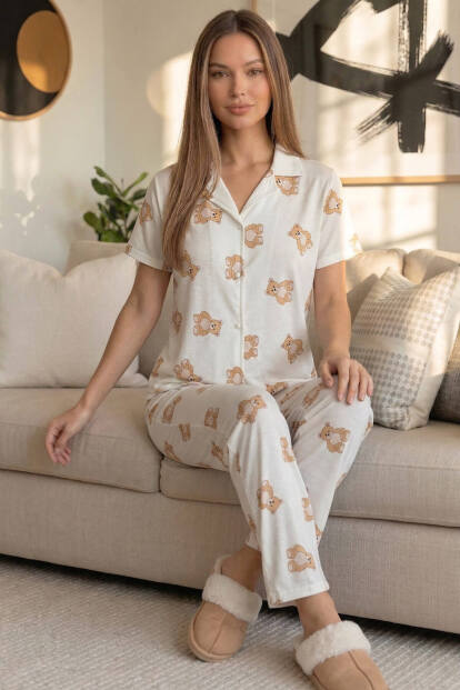 Doux Bear Desenli Bambu Önden Düğmeli Kısa Kol Pijama Takımı - 6