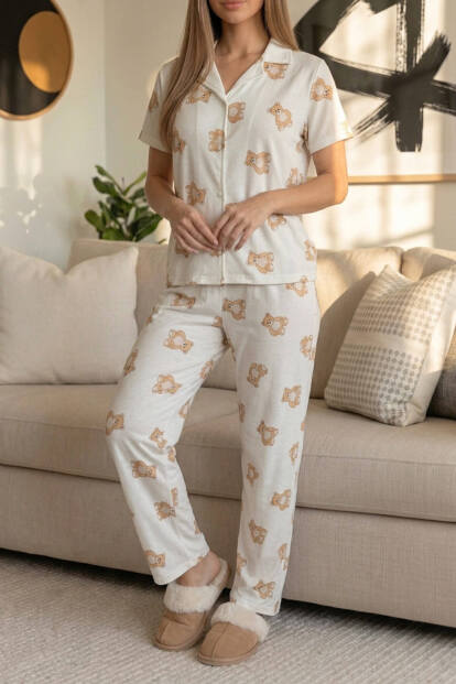 Doux Bear Desenli Bambu Önden Düğmeli Kısa Kol Pijama Takımı - 7