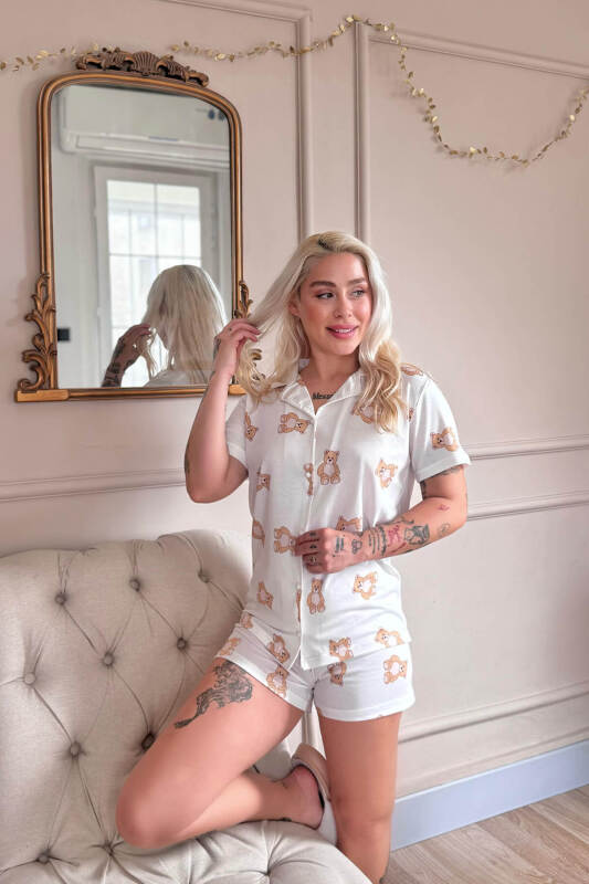 Doux Bear Desenli Kısa Kol Şortlu Önden Düğmeli Kadın Pijama Takımı - Pijamaevi (2)