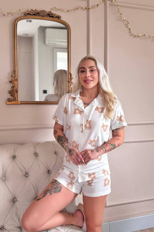 Doux Bear Desenli Kısa Kol Şortlu Önden Düğmeli Kadın Pijama Takımı - Pijamaevi (3)