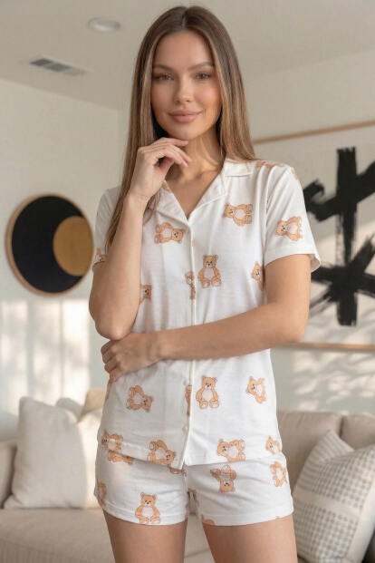 Doux Bear Desenli Kısa Kol Şortlu Önden Düğmeli Kadın Pijama Takımı - 4