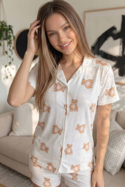 Doux Bear Desenli Kısa Kol Şortlu Önden Düğmeli Kadın Pijama Takımı - 6