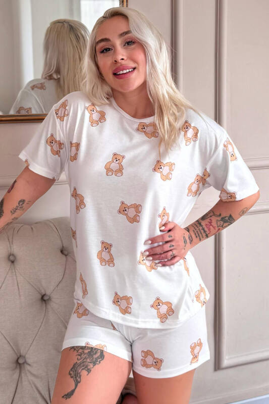 Doux Bear Desenli Kısa Kollu Şortlu Örme Kadın Pijama Takımı - Pijamaevi