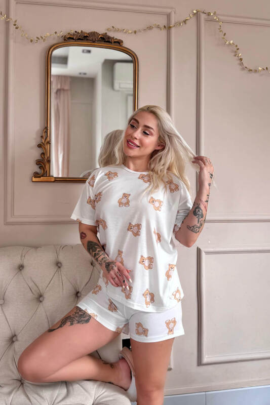 Doux Bear Desenli Kısa Kollu Şortlu Örme Kadın Pijama Takımı - Pijamaevi (1)