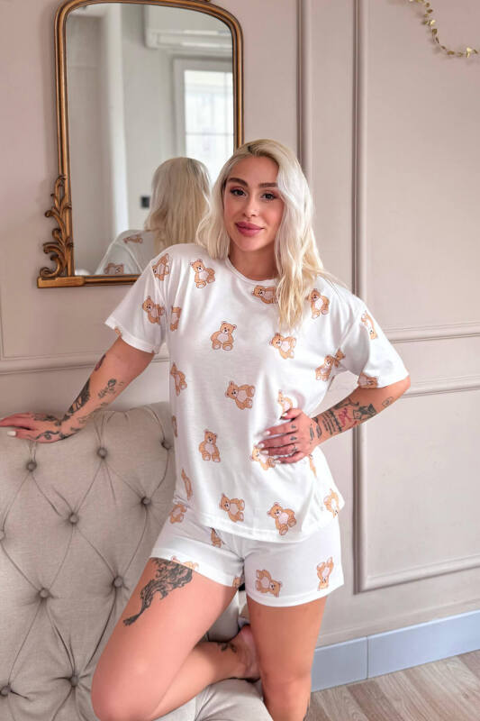 Doux Bear Desenli Kısa Kollu Şortlu Örme Kadın Pijama Takımı - Pijamaevi (2)