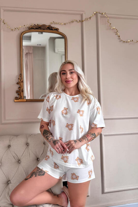 Doux Bear Desenli Kısa Kollu Şortlu Örme Kadın Pijama Takımı - Pijamaevi (3)