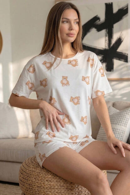 Doux Bear Desenli Kısa Kollu Şortlu Örme Kadın Pijama Takımı 