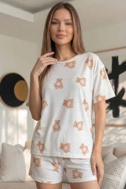 Doux Bear Desenli Kısa Kollu Şortlu Örme Kadın Pijama Takımı - 2