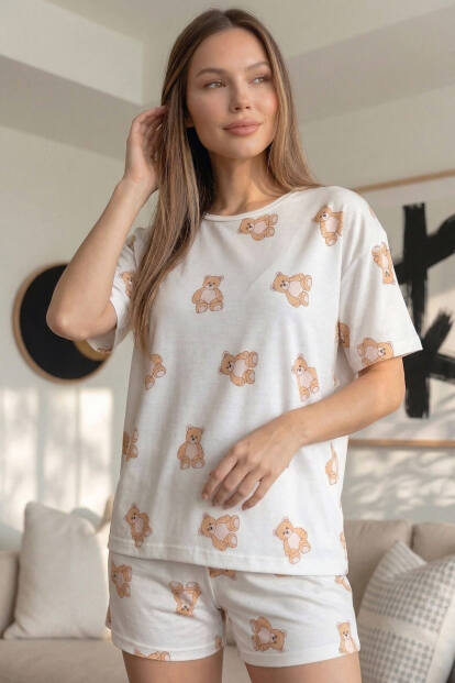 Doux Bear Desenli Kısa Kollu Şortlu Örme Kadın Pijama Takımı - 4