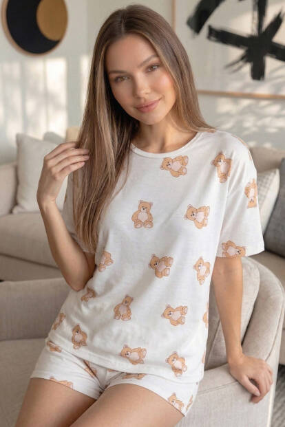 Doux Bear Desenli Kısa Kollu Şortlu Örme Kadın Pijama Takımı - 5