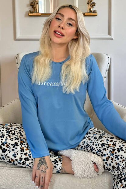 Dream Big Desenli Bambu Uzun Kol Kadın Pijama Takımı - 5