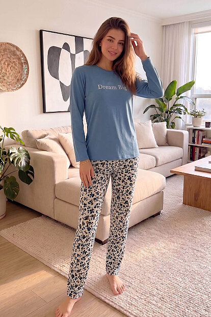 Dream Big Desenli Bambu Uzun Kol Kadın Pijama Takımı - 7
