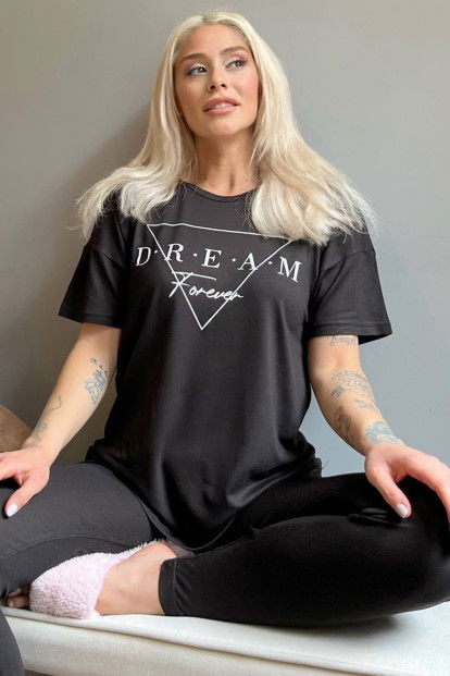 Dream Forever Baskılı Örme Kısa Kollu Taytlı Pijama Takımı - 1